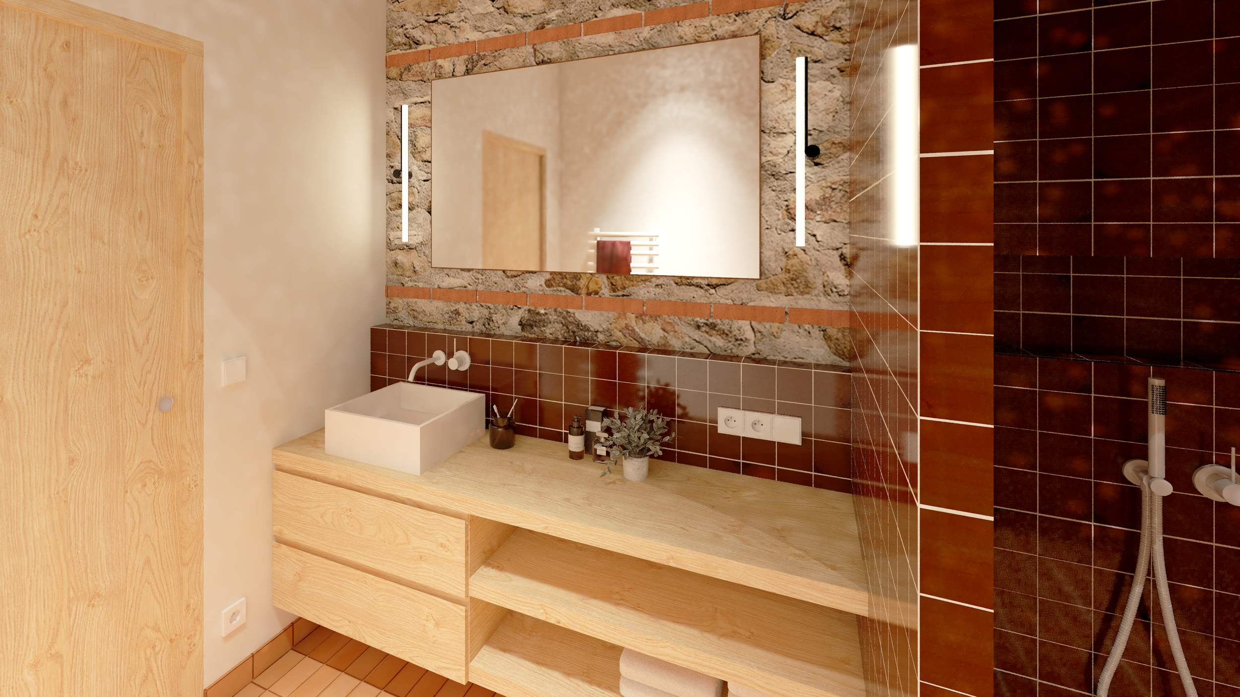 La salle de bain de Gabrielle révèle une composition fonctionnelle et expressive. Le meuble vasque suspendu en pin massif alterne rangements ouverts et fermés, surmonté d'une vasque en terrazzo qui prolonge le dialogue des matières.