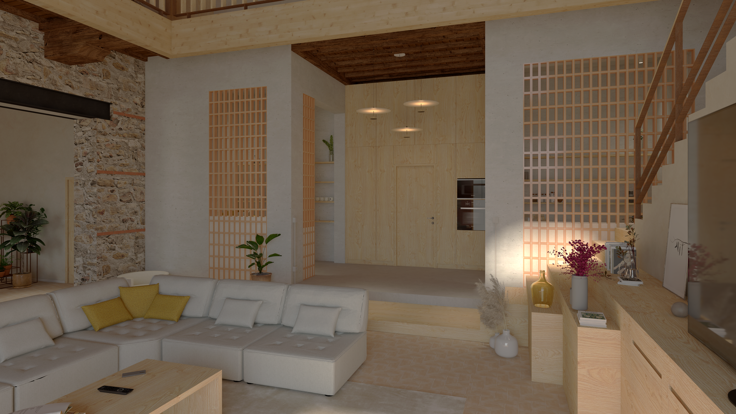 La cuisine se trouve au cœur des anciennes cuves viticoles en béton, conservées dans leur état naturel. Les claustras en terre cuite agissent comme de véritables filtres verticaux et revalorisent l'existant tout en créant une porosité maîtrisée avec 