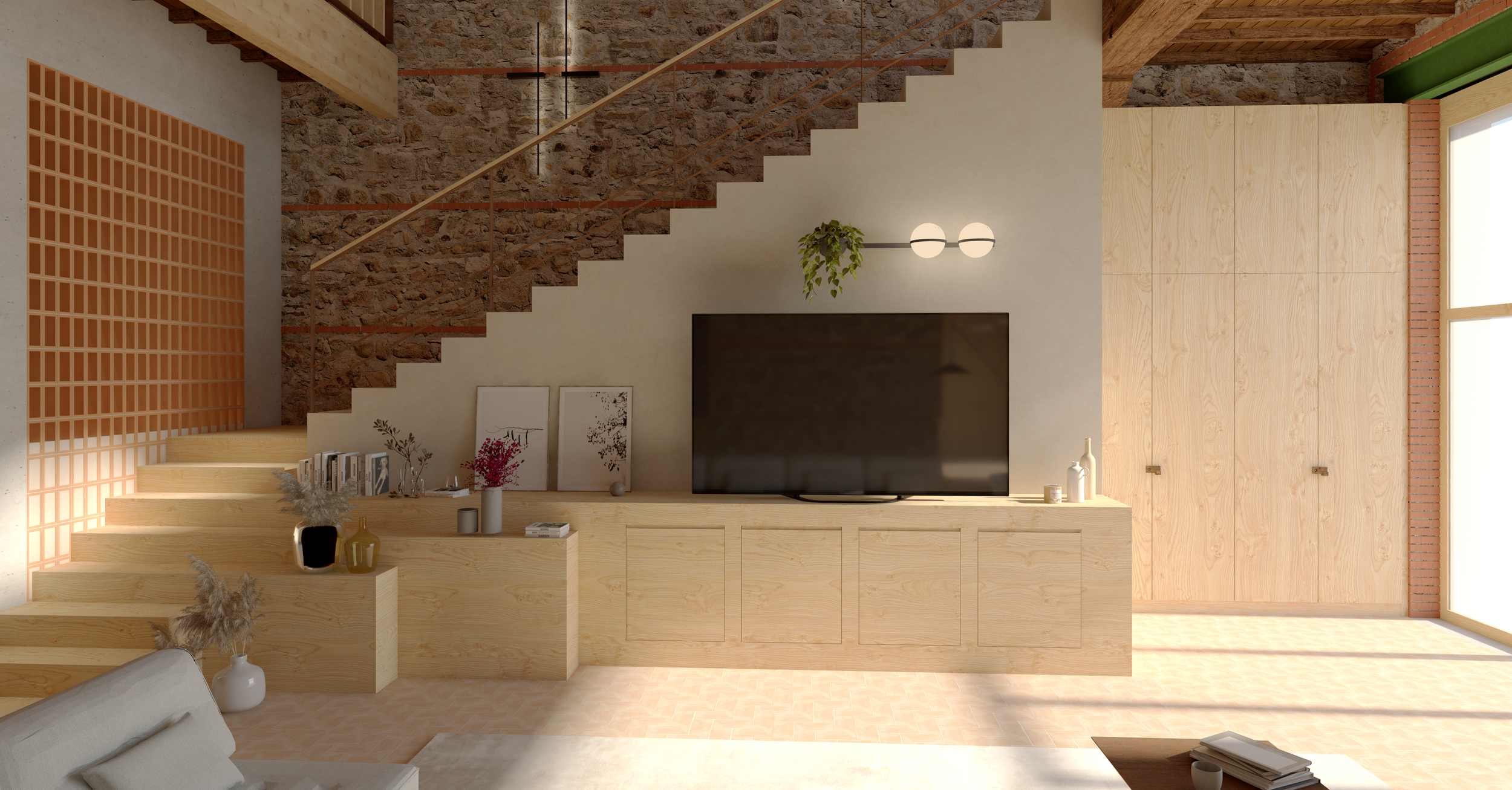 Plus qu'un simple élément de circulation l'escalier s'impose comme une véritable pièce architecturale.