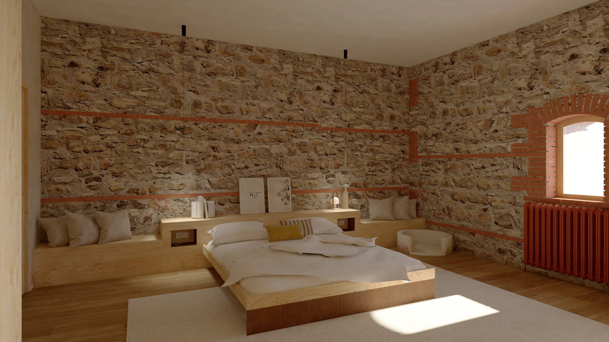 Située à l'écart, la suite parentale se révèle comme un lieu paisible et intime. Le lit sur-mesure se mêle à la matérialité brute du mur mitoyen d'origine sur lequel il repose. 