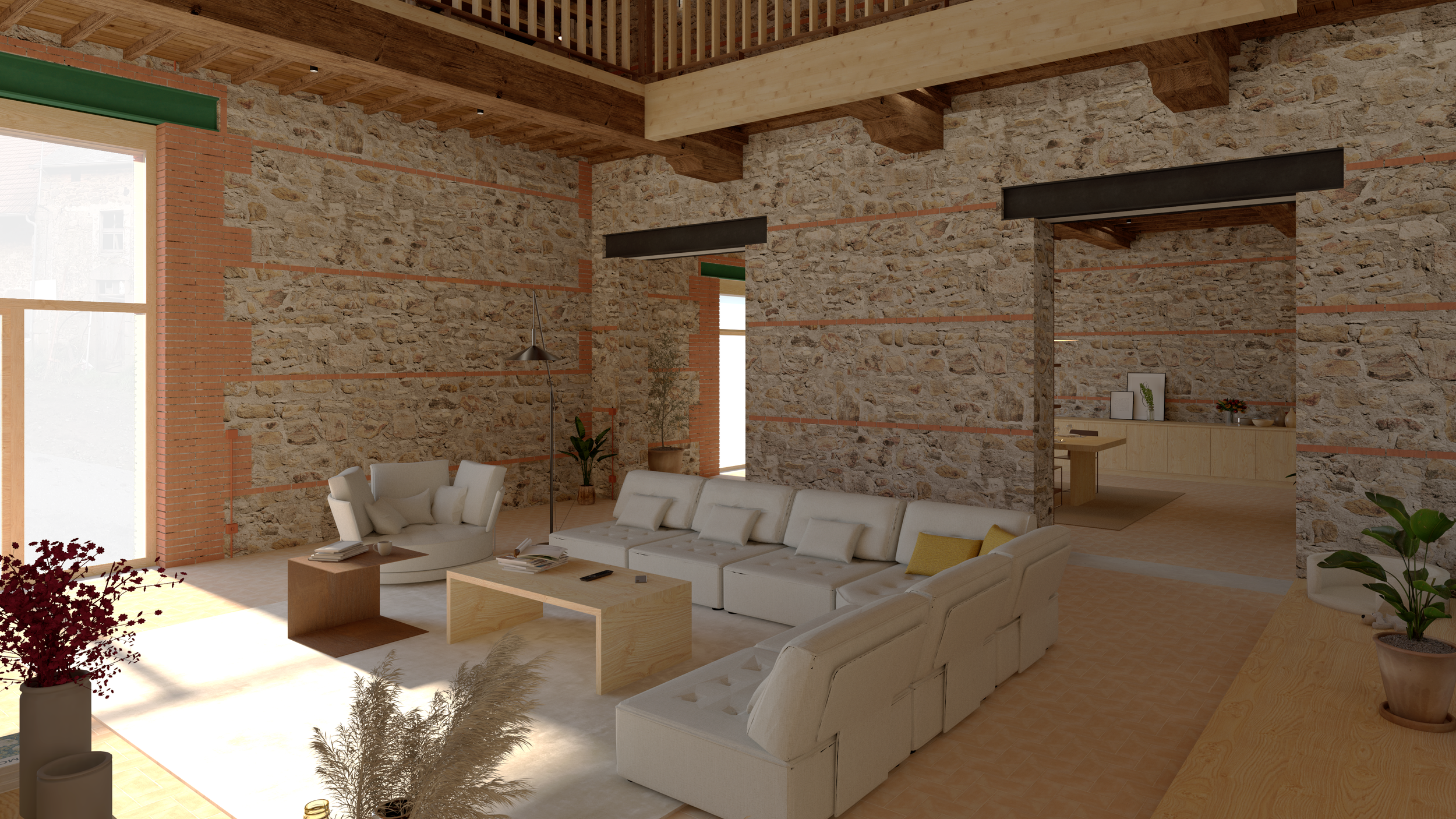 Le salon se déploie dans un volume généreux, ouvert sur une double hauteur qui dévoile la beauté authentique de la charpente.