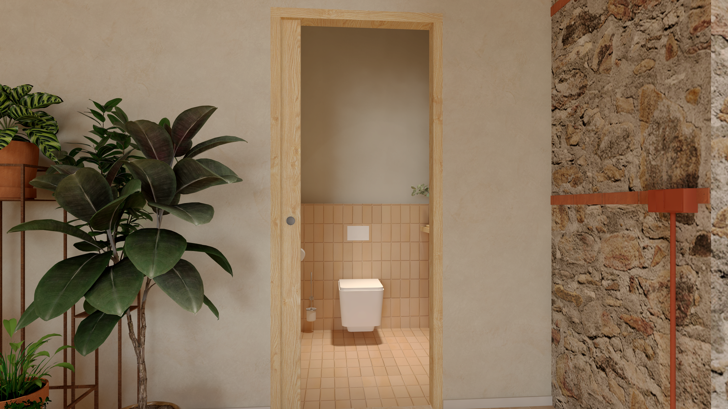 Dissimulés derrière une porte à galandage, les WC s'inscrivent dans une continuité discrète mais soignée. 