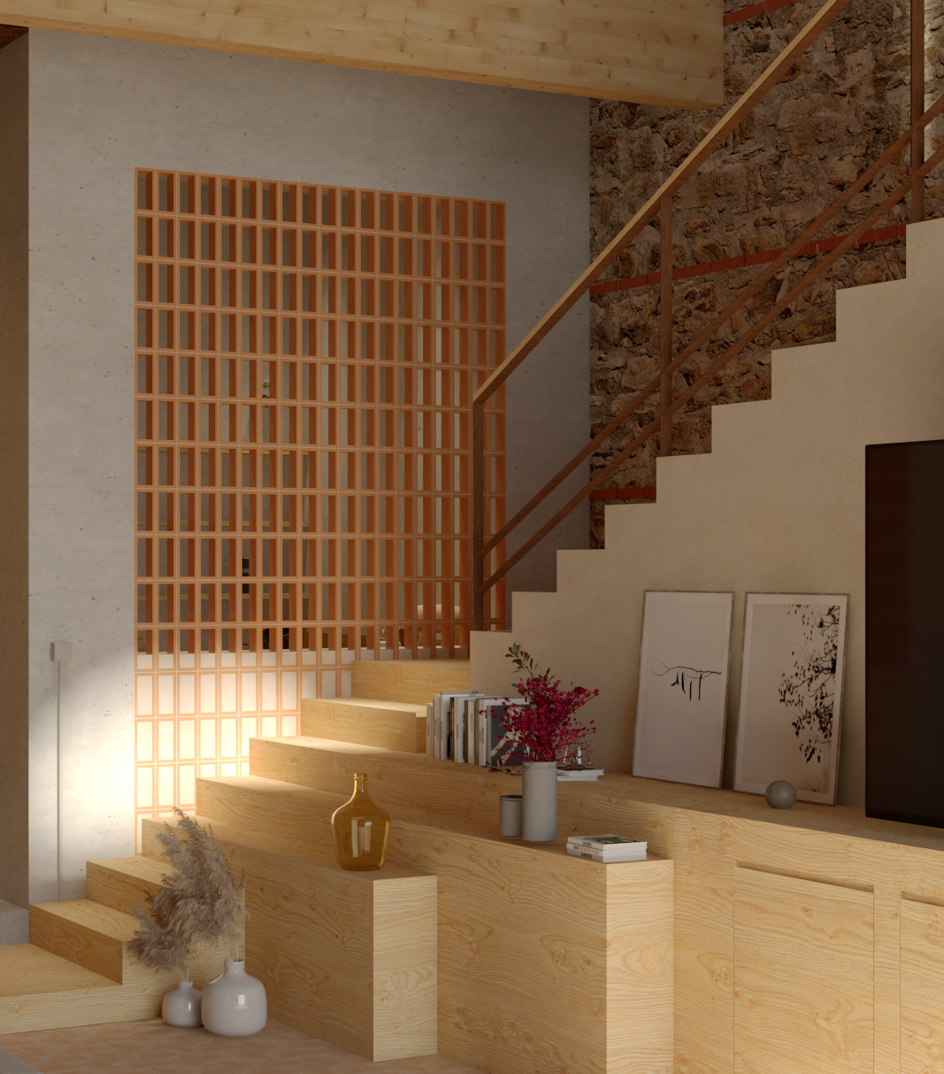 Trait d'union entre les niveaux, l'escalier conjugue matières et usages avec délicatesse. Le bois se prolonge en éléments de vie, le béton s'élève avec justesse et la pierre apparente accompagne le geste.