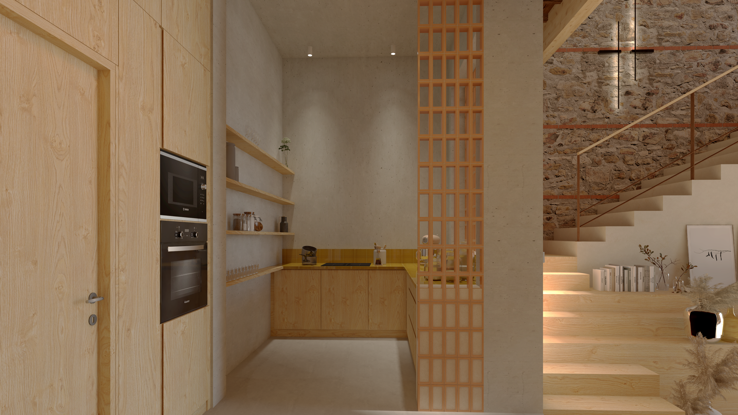 A l'intérieur même des cuves, la cuisine s'articule autour de deux modules d'angle en pin massif : l'un pour l'évier, l'autre pour la cuisson.