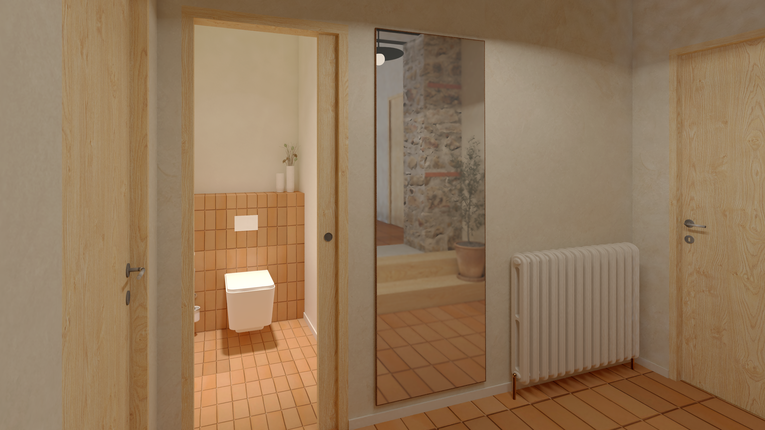 Dans la continuité du projet, le SAS affirme sa sobriété ainsi que les codes architecturaux du projet avec ses deux marches en pin, son sol en terre cuite lisse et ses murs peints à la chaux. 