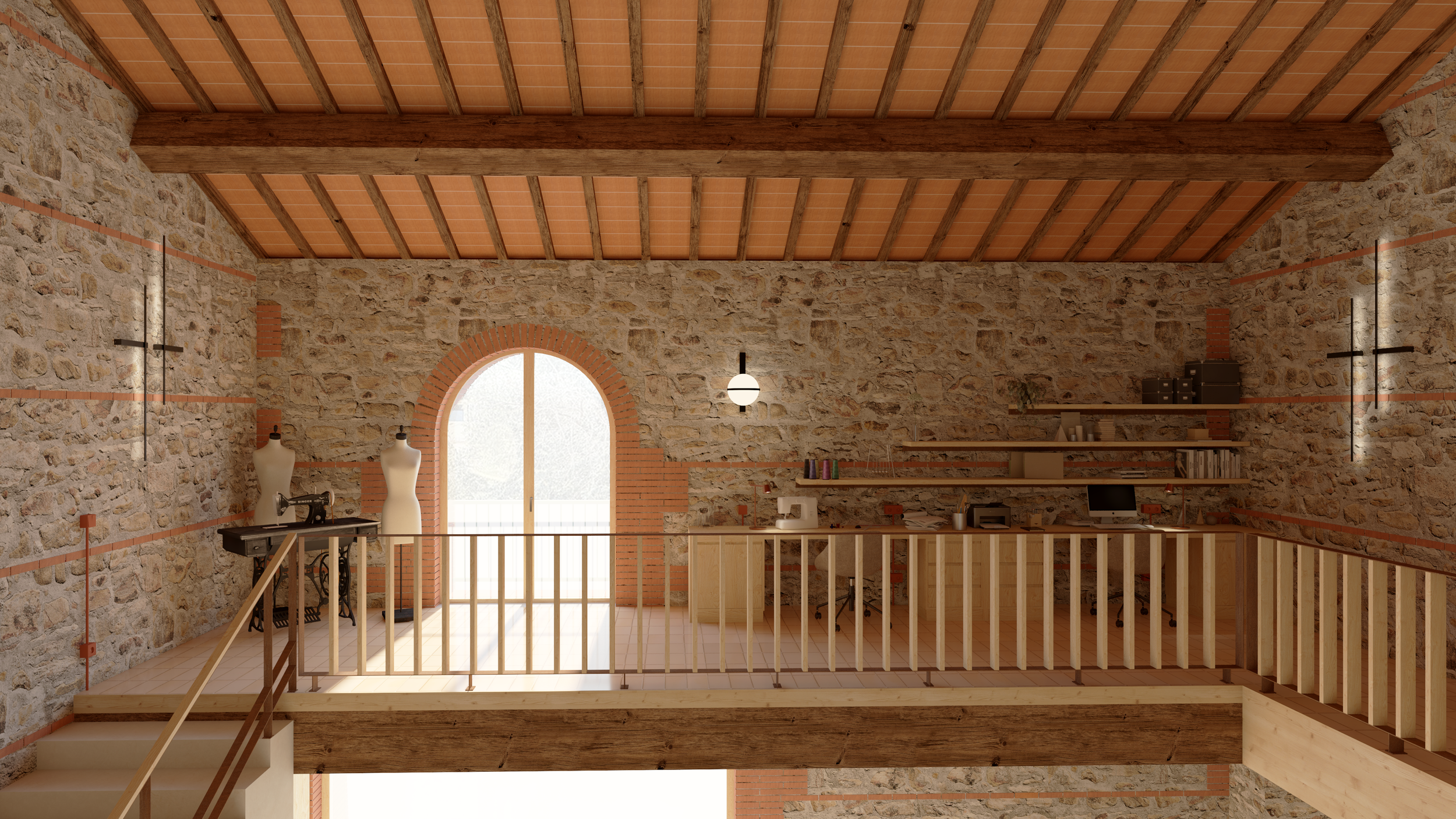 La coursive longe la double hauteur et offre un lien ouvert entre les volumes.