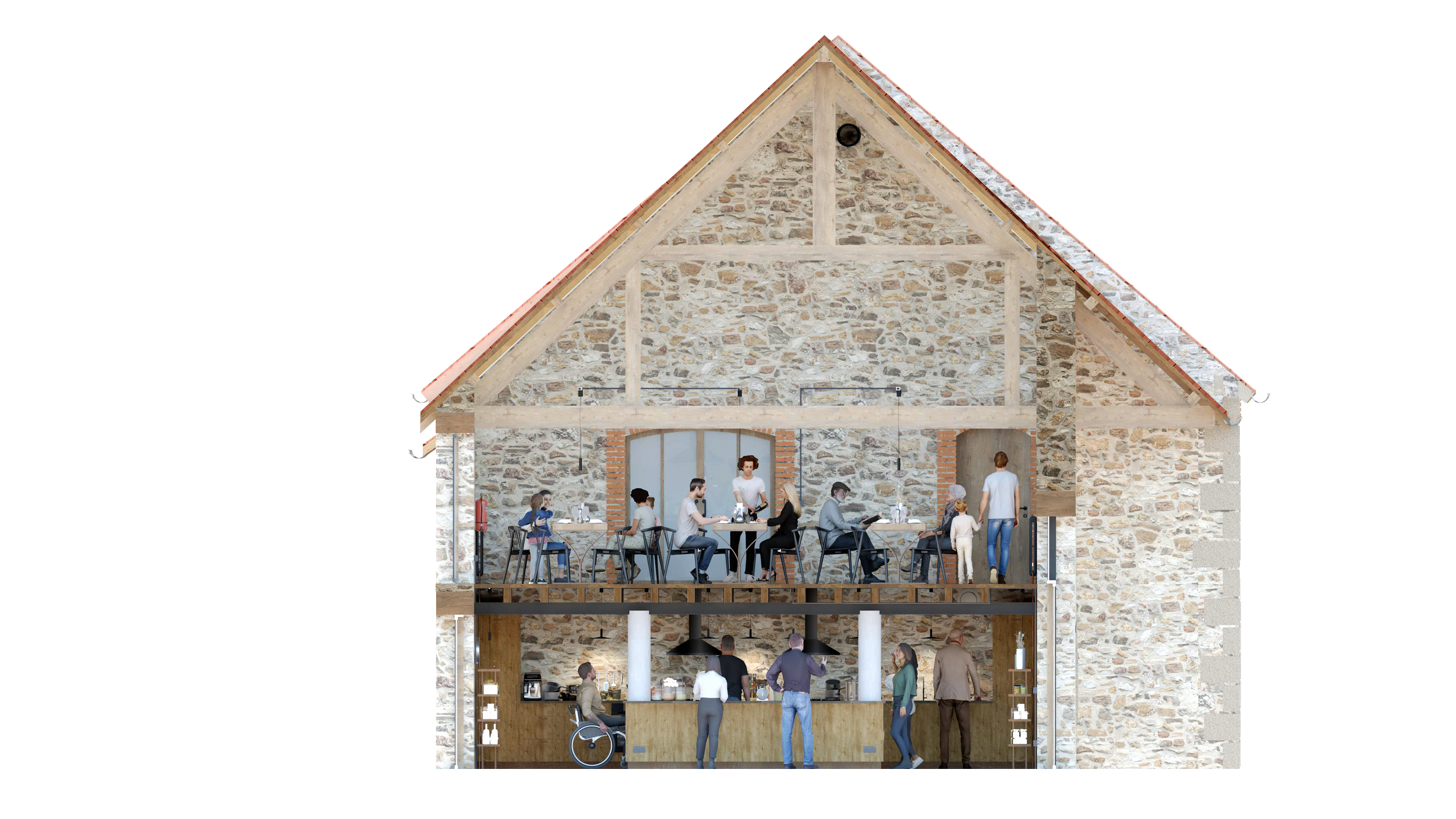 La recherche d'harmonie dans le traitement architectural de ce corps de ferme. Un choix de matériaux fonctionnant ensemble et en cohérence avec les valeurs du projet.