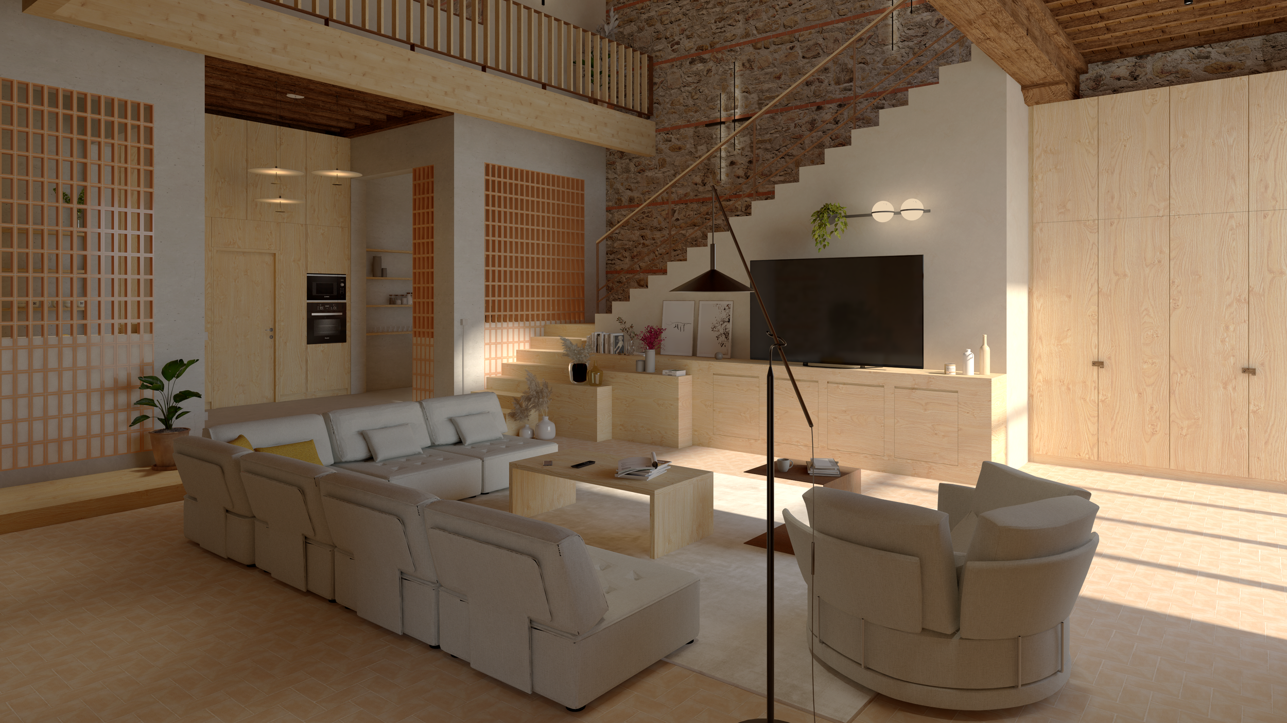 La double hauteur agit tel un espace de respiration au cœur de l'aménagement. De celle-ci naît un dialogue entre le pin récemment mis en œuvre et le pin patiné par le temps. 