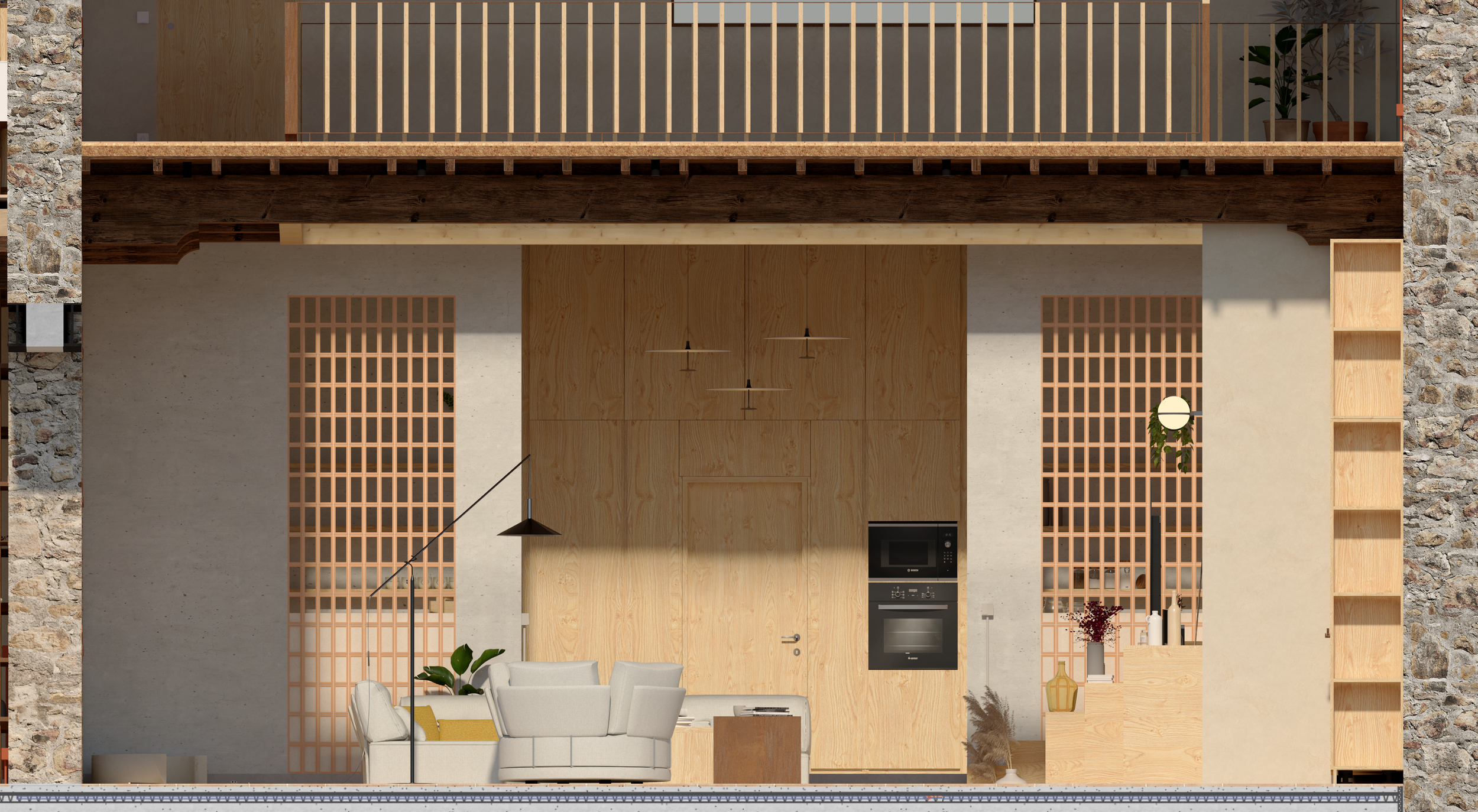 Le rez-de-chaussée, comme l'ensemble du mas, trouve son organisation dans la rencontre de deux bâtis initialement distincts. 