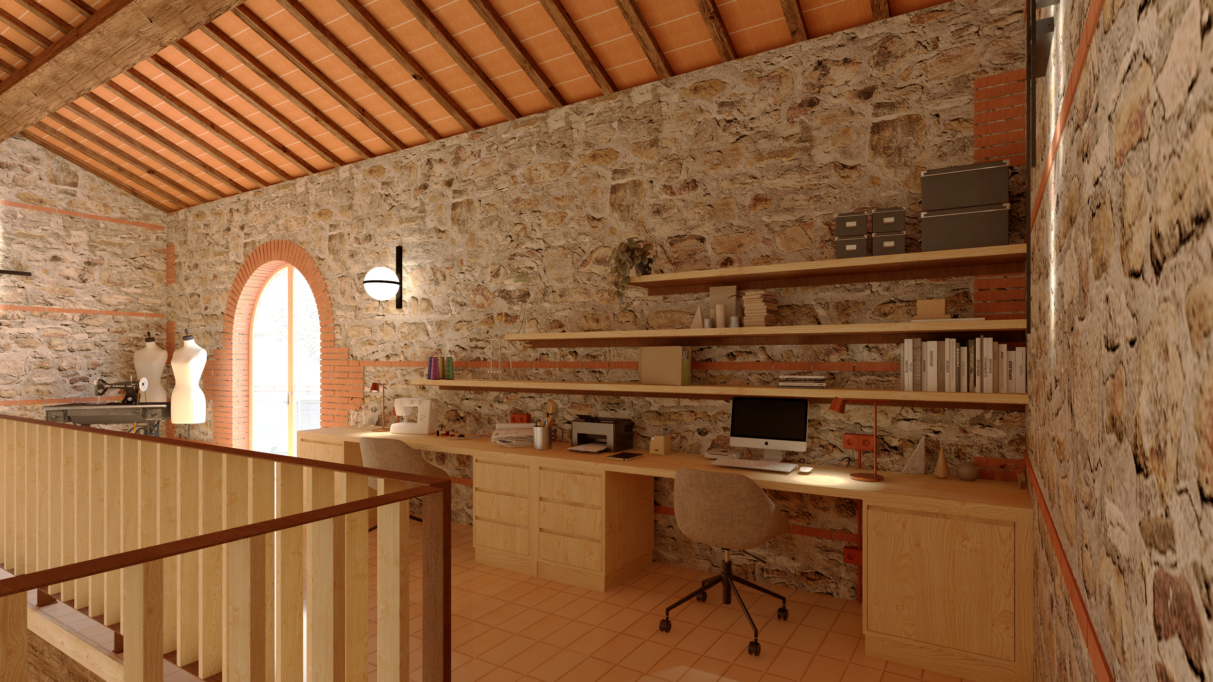 Le bureau sur-mesure entièrement réalisé en pin massif, s'étire dans la longueur et offre une surface de travail généreuse ponctuée de rangements bas. 