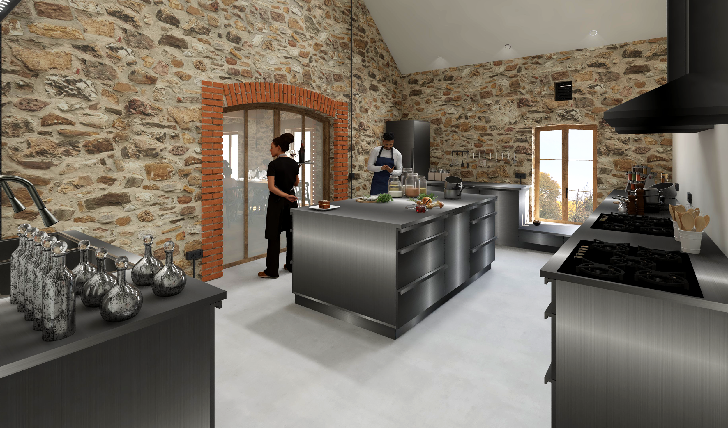 Sans oublier la cuisine professionnelle, à l'étage de l'ancienne habitation. 
Même si nous avons davantage de contraintes techniques au niveau des matériaux, cette recherche de cohérence identitaire reste présente.