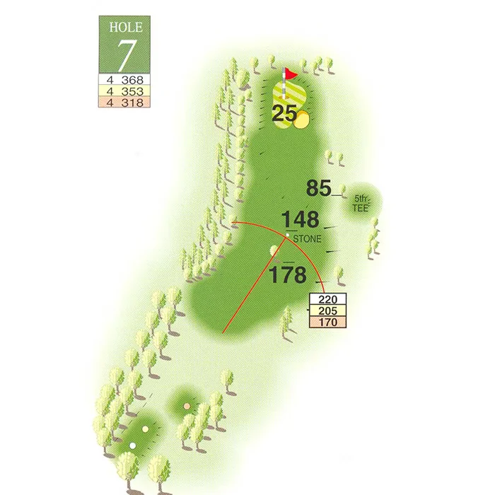 HOLE 7 STUART - par 4, 90 degree dogleg to the left, with out of bounds left, all the way along the hole. It is one of our tricker golf holes. PRO TIP - safety first hole! Keep right at all times until you reach the green.