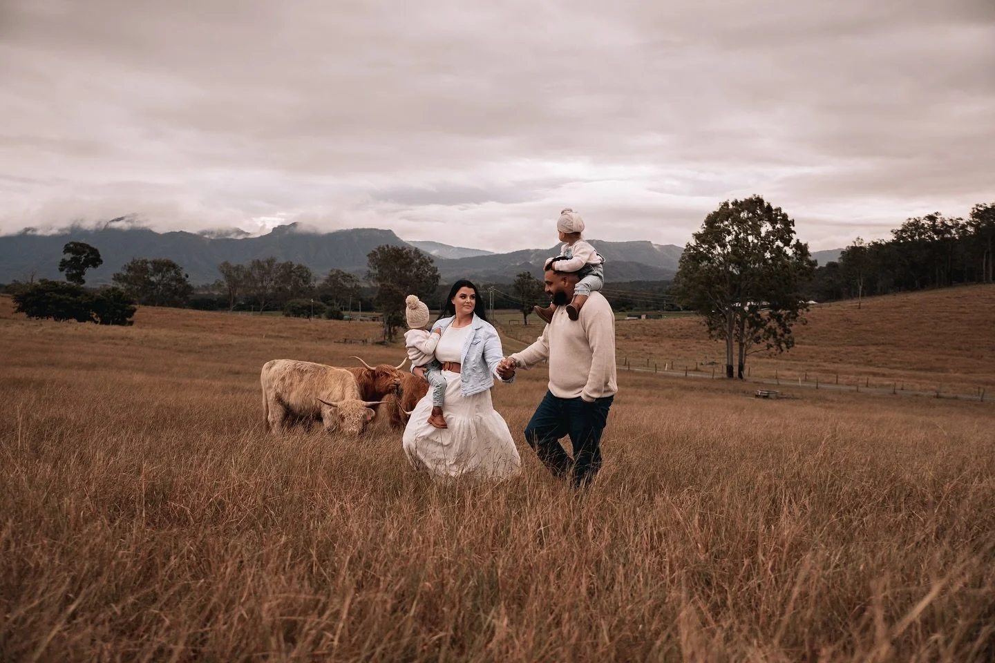 Wrapped in love and soft whispers of country air, this beautiful family wandered through golden fields and cherished the quiet magic of togetherness. With highland cows grazing nearby and mountains standing tall in the distance, their story unfolded 