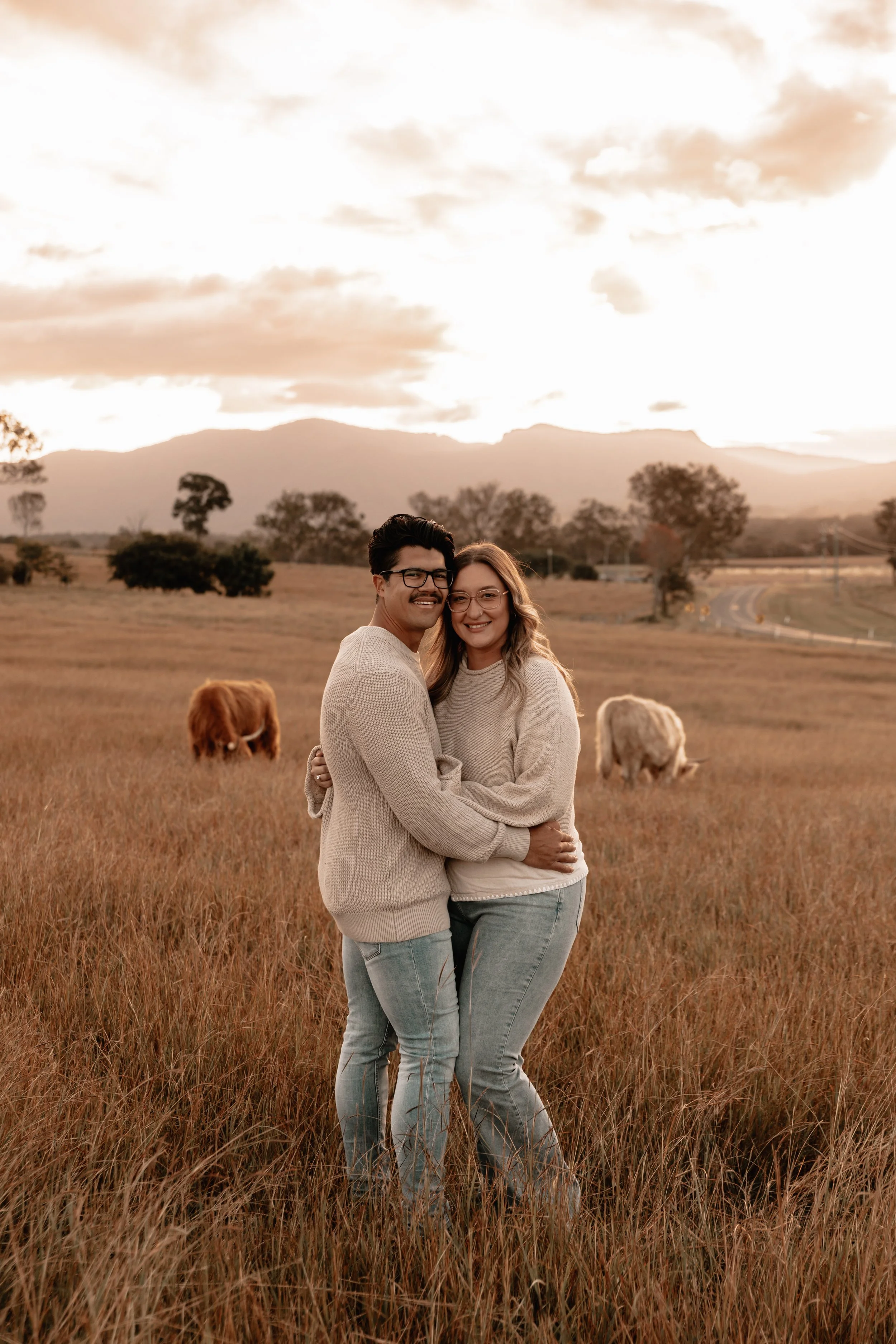A young couple embracing in a grassy field at sunset, with mountains and two grazing cows in the background.