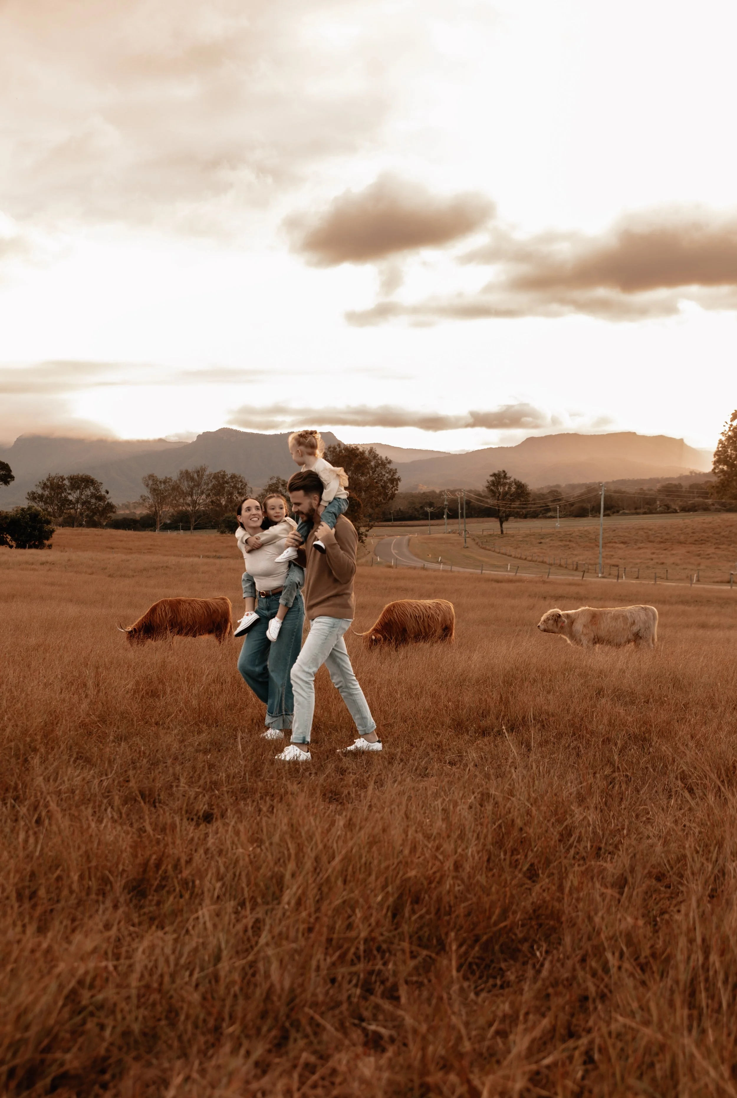 A family of four, a father, mother, and two children, enjoying time together in a grassy field with cows and mountains in the background during sunset.