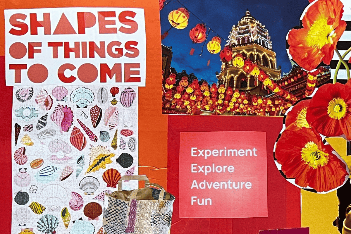 Detail of vision board showing a variety of colorful seashells and the words "Shapes of things to come"