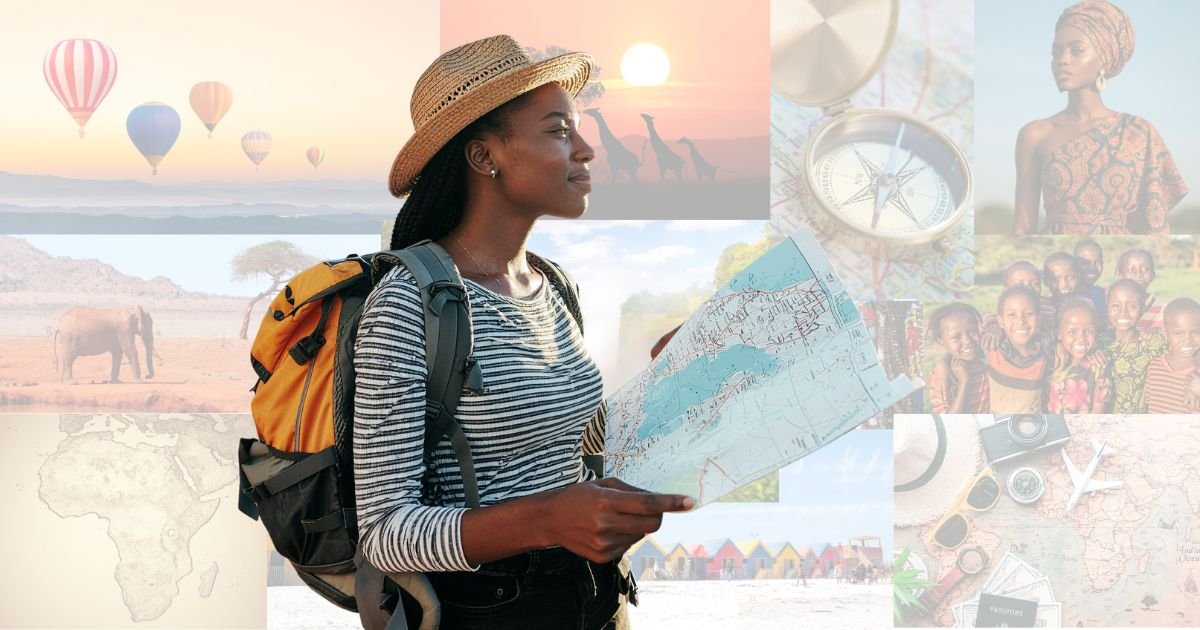 An image of a woman with a backpack and a map looking off into the distance. She is superimposed onto a vision board depicting photos of African travel.
