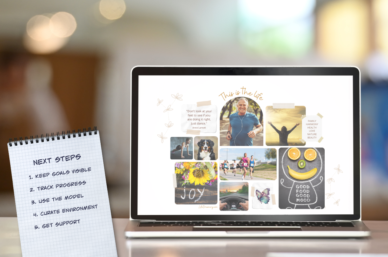 A digital vision board used as wallpaper on a laptop