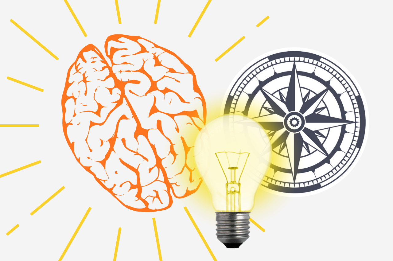 A graphic with a brain, compass, and light bulb representing how vision boards work