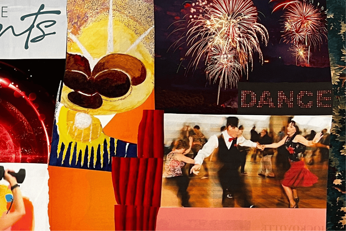 Detail of vision board with a photo of a couple dancing with energy and enthusiasm and the word "Dance" above against a backdrop of fireworks