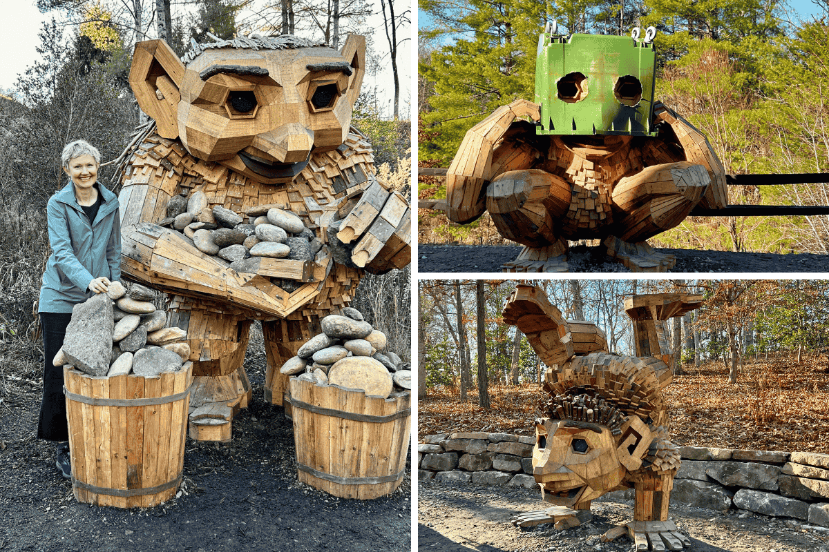 3 photos of the giant wooden trolls exhibited at the NC Arboretum, one doing a handstand, one crouching down with a garbage bin mask pulled over its head, one gathering rocks