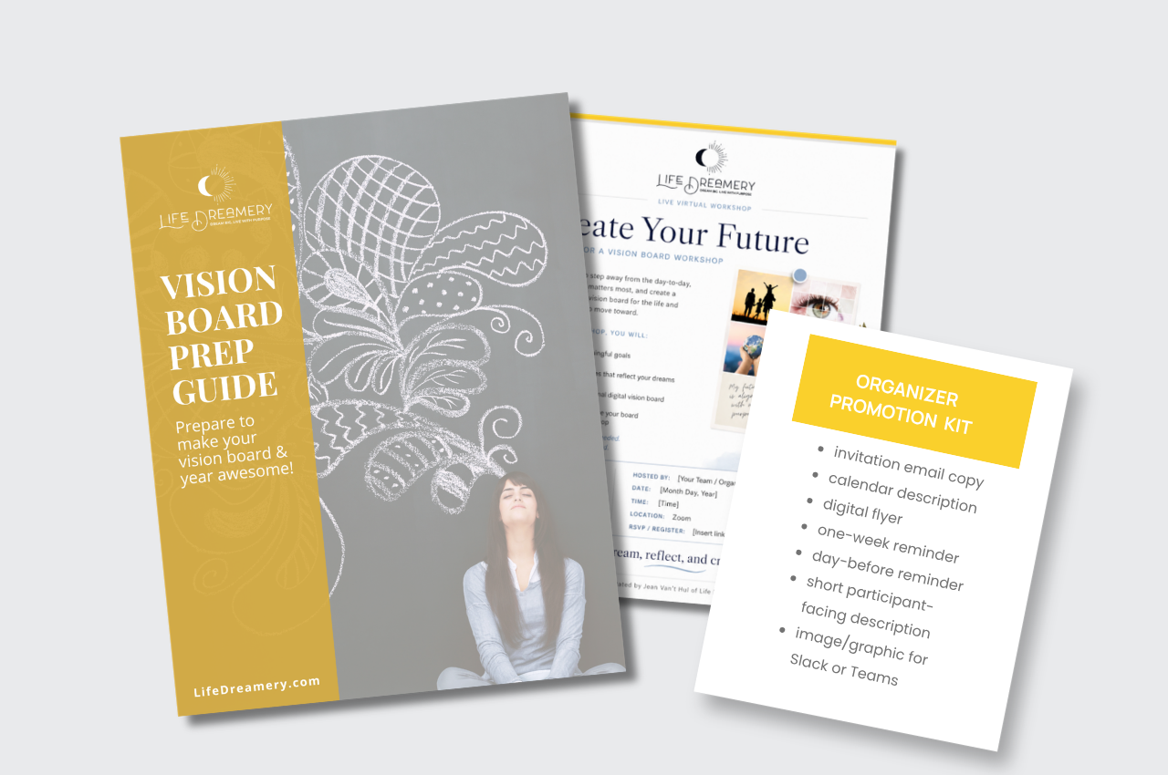 Pre-workshop materials and support, including vision board prep guide