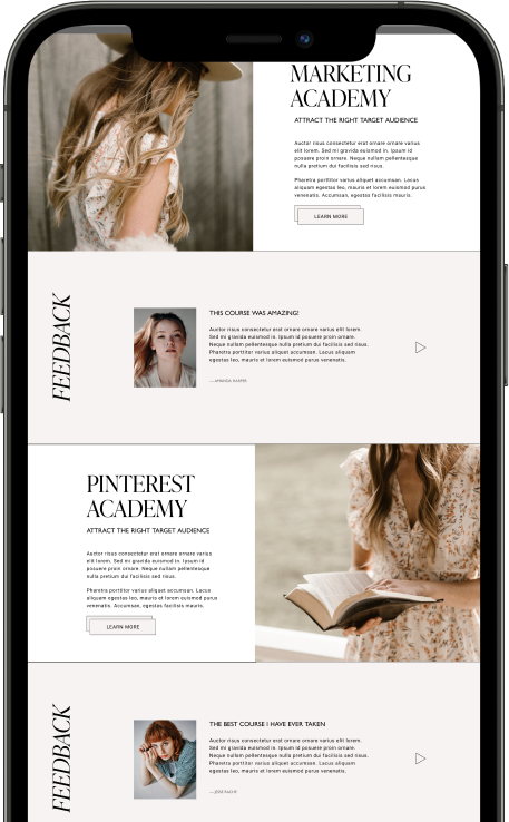 Smartphone displaying a webpage layout with marketing and Pinterest academy sections, featuring images of women, text about courses, and feedback comments.