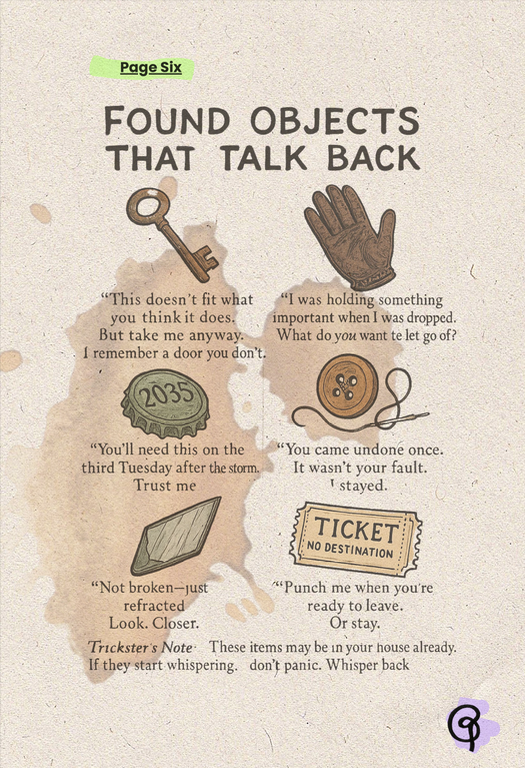 book page with illustration with key, glove, bottle cap button , glass and ticket. 