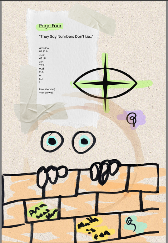 book page with illustration of eyes peeking over a wall. 