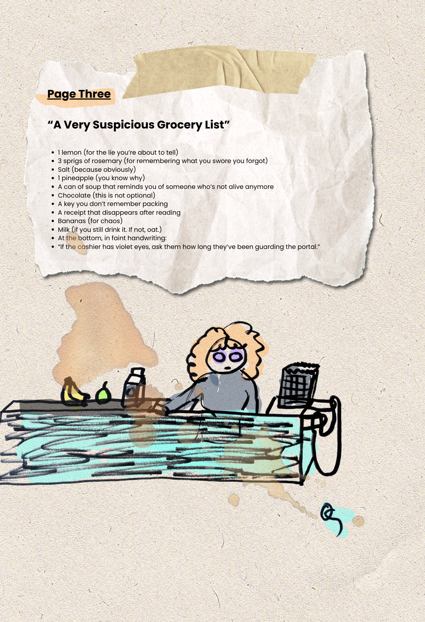 illustration of women with glowing eyes checking out groceries