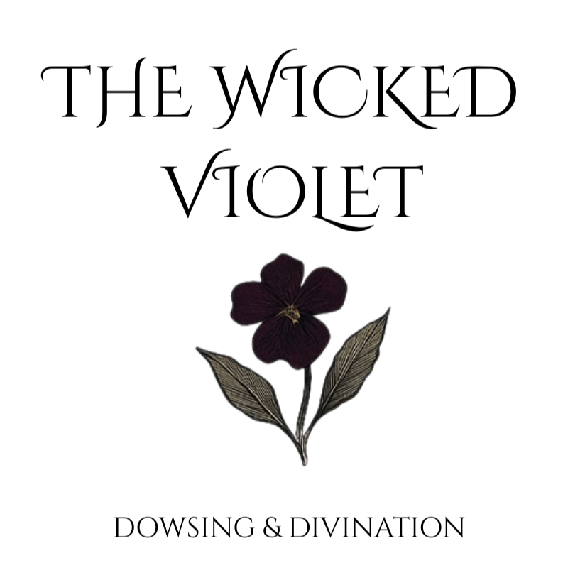 Logo with a violet flower in the middle text saying "The Wicked Violet Dowsing and Divination.