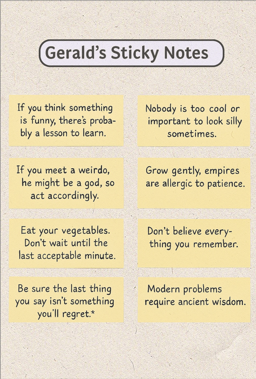 book page with illustrations of sticky nots with text