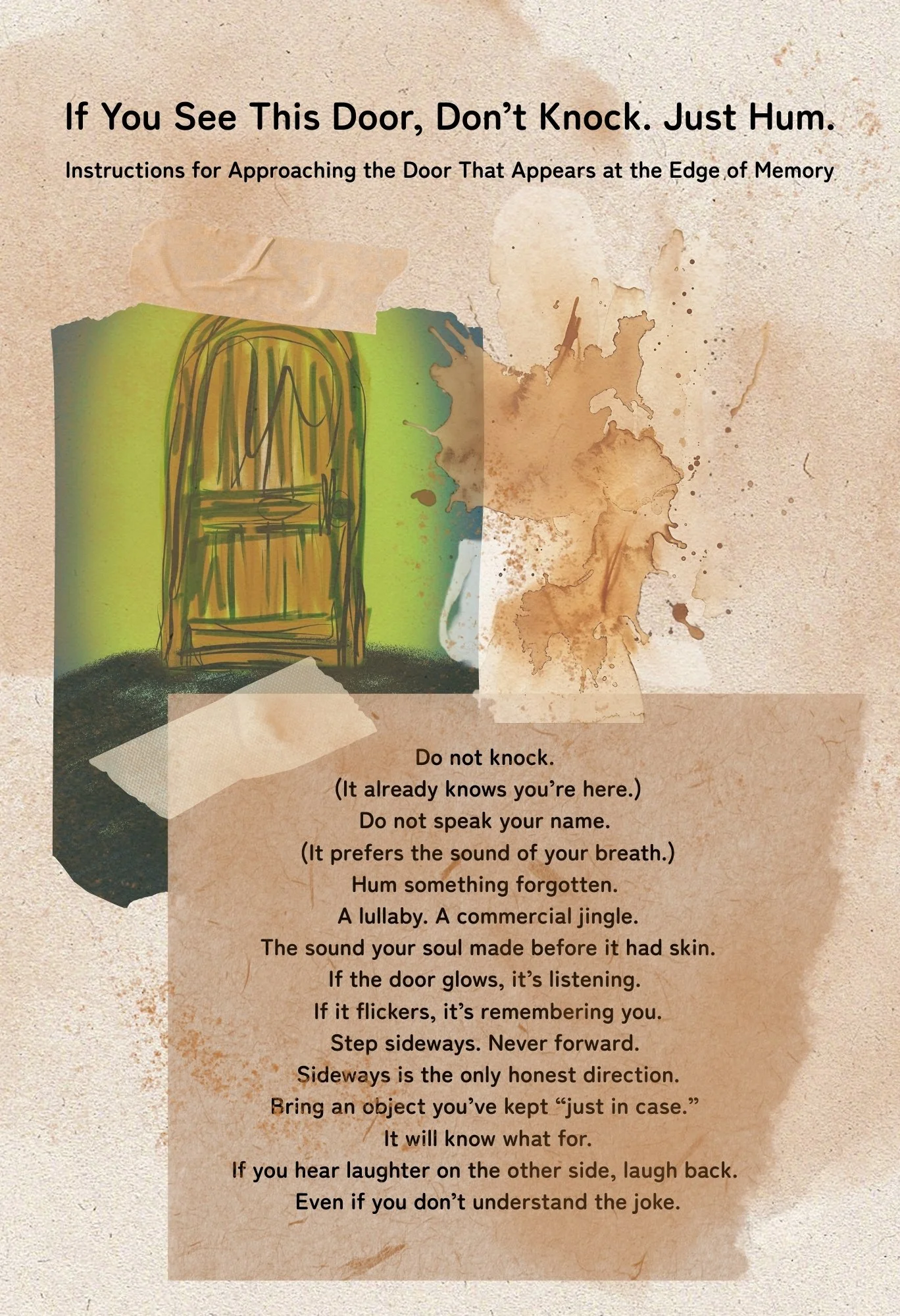 Book page with ripped paper and illustration of a  glowing door with green background