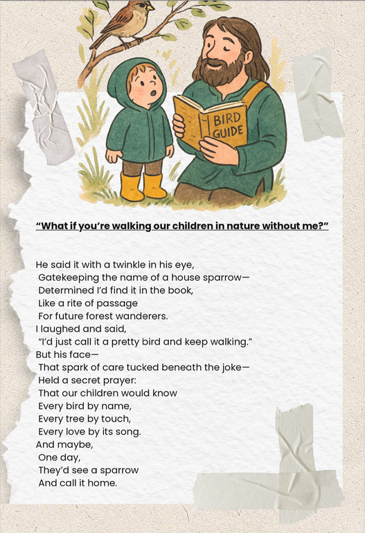 book page with illustrations with man child and bird on tree