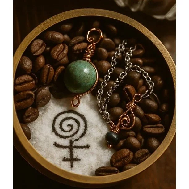 Green ceramic pendulum in a bowl of coffee beans and salt with a symbol