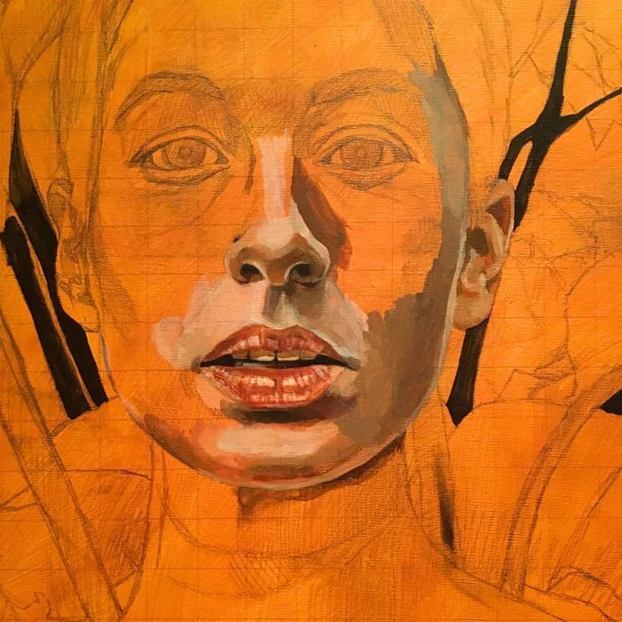 A portrait of a young child painted with an orange background, focusing on the face with detailed lips, nose, and eyes, with unfinished areas and visible sketch lines around the face.