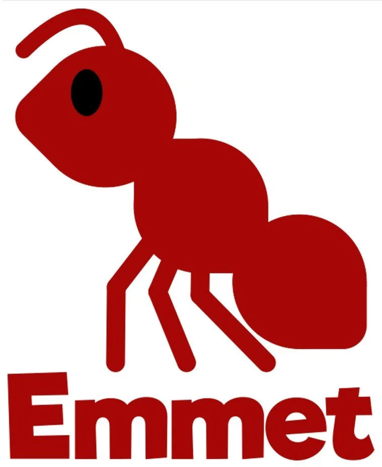 A stylized red cartoon ant with the word 'Emmet' written below.