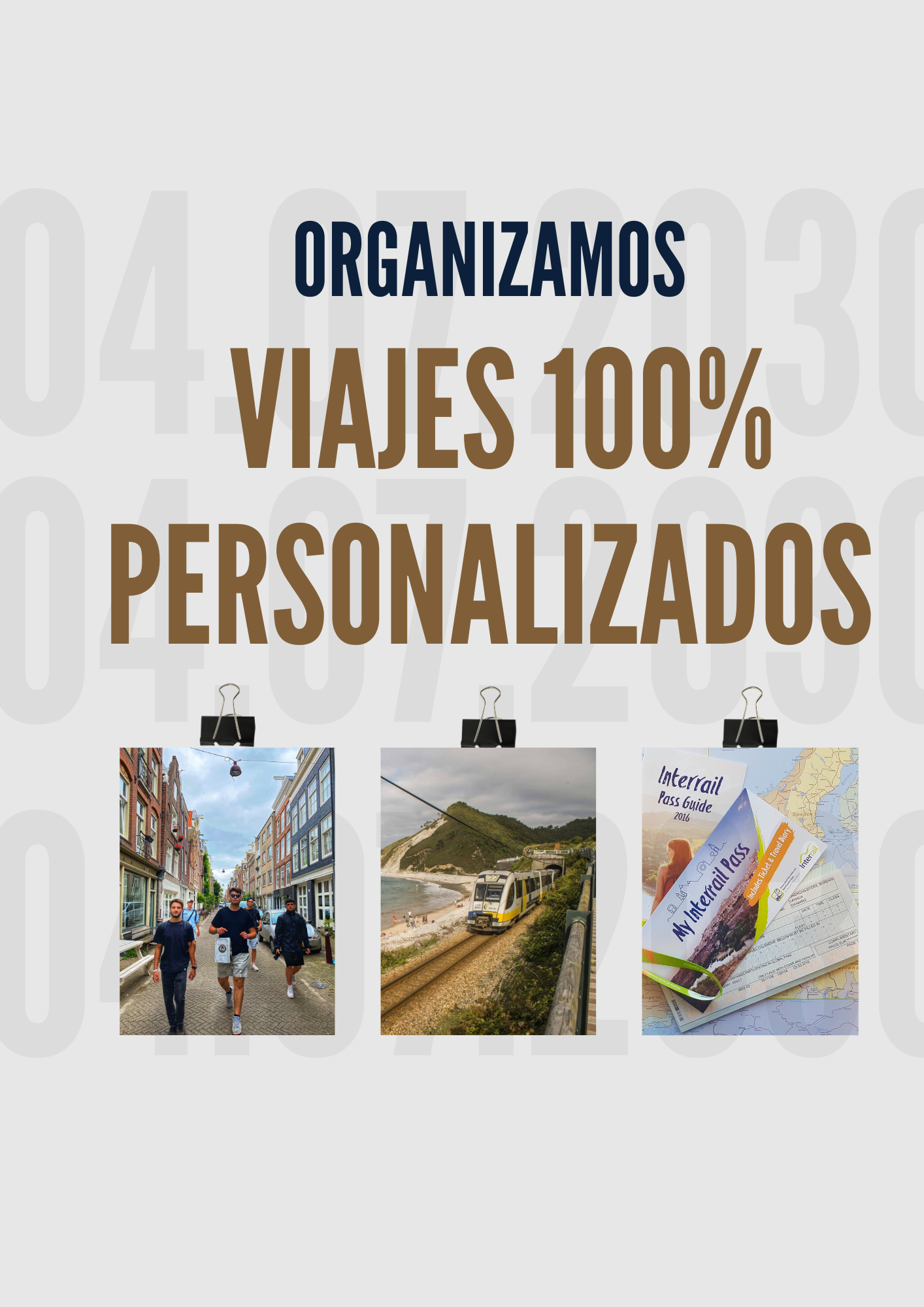 Publicidad sobre viajes personalizados con fotos de personas caminando en la ciudad, un tren en la playa y mapas con guías de viaje. Interrail