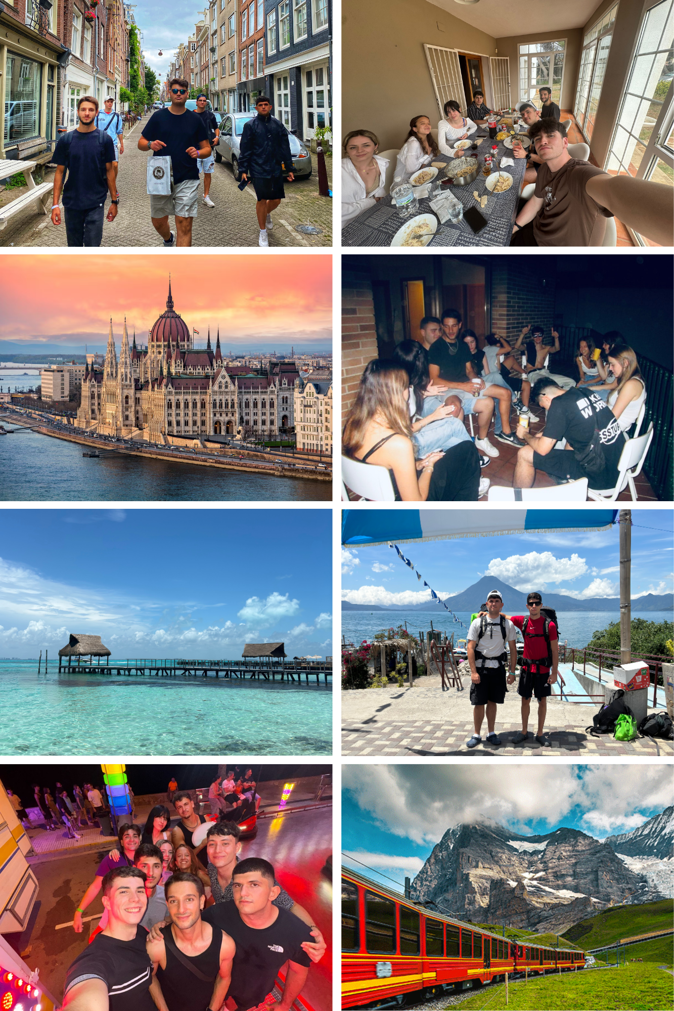 Collage de ocho fotos que muestran diferentes actividades y lugares, incluyendo un grupo de jóvenes caminando en una calle de ciudad, una comida en interior, un edificio histórico junto al río, un grupo de jóvenes en una reunión nocturna, un paisaje de playa con bungalows, dos turistas frente a un lago con montaña, un grupo en un parque de diversiones y un tren en las montañas.