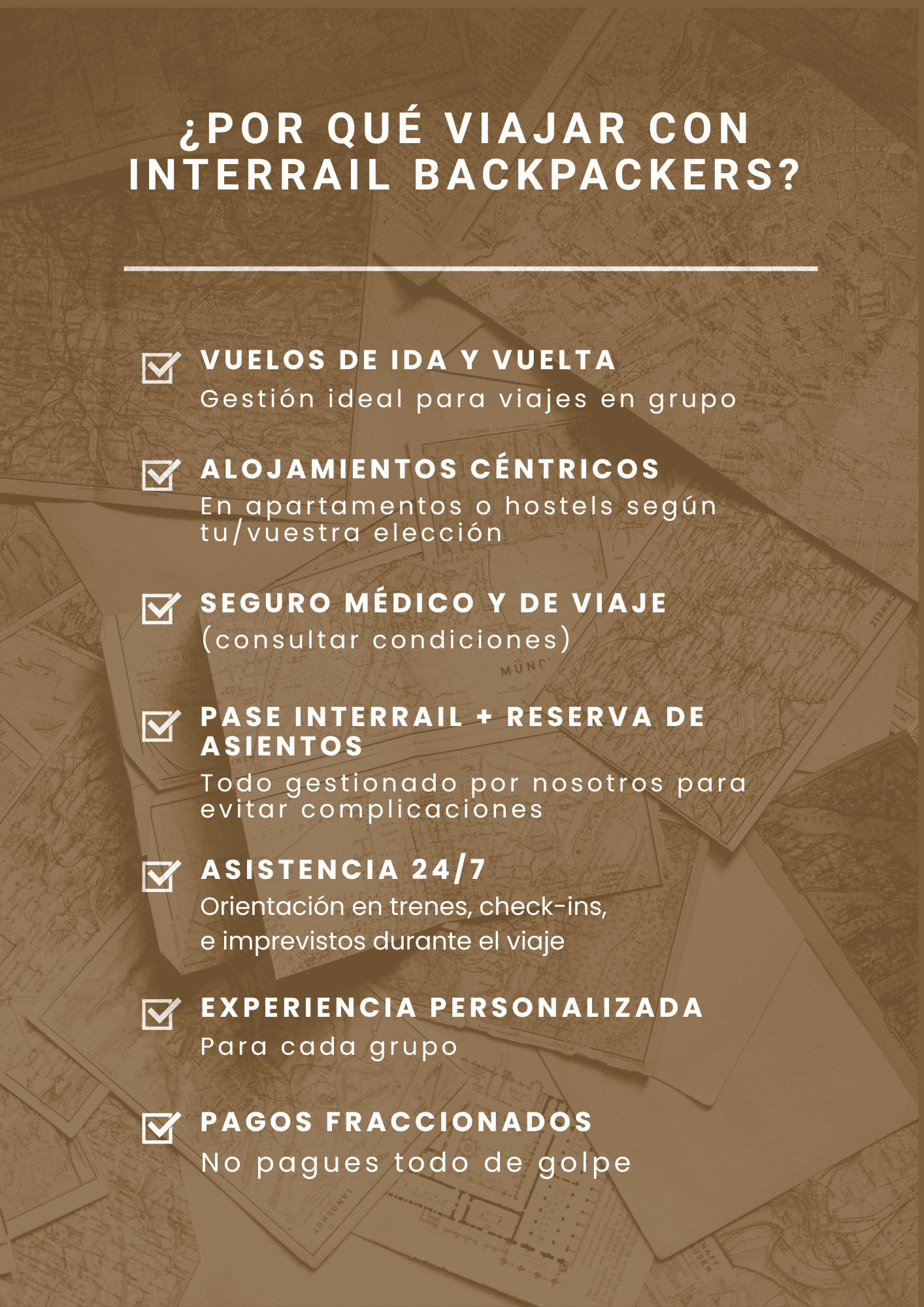 Información sobre las ventajas de viajar con interrail backpackers, incluyendo vuelos, alojamientos, seguros, reserva de asientos, asistencia, experiencias, y pagos fraccionados, con listas que contienen íconos de marcas de verificación.