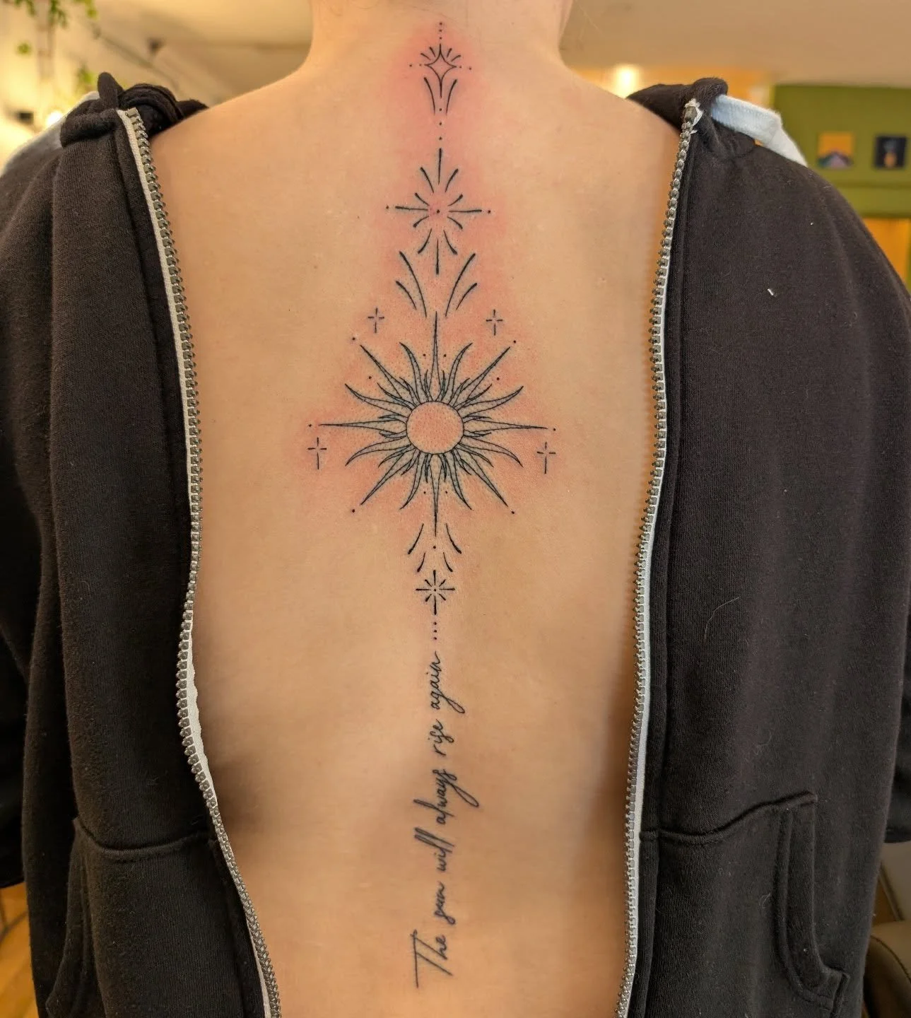 Sat so incredibly well for her very first tattoo! 
#ottawatattoo #spinetattoo #finelinetattoo #suntattoo