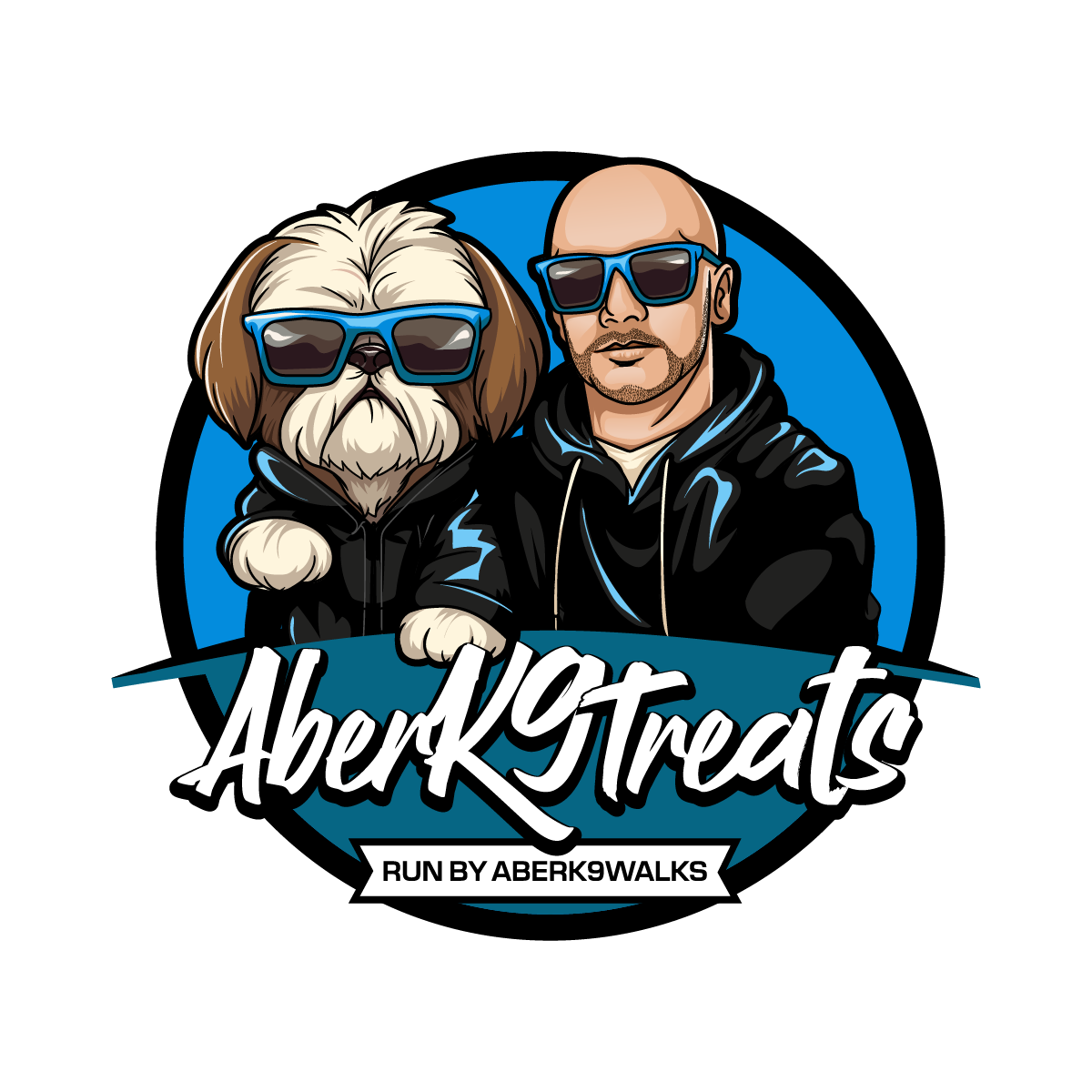 Illustration of a man and a dog wearing sunglasses and black hoodies, with the text 'AberK9Treats' and 'Run by AberK9Walks' below.