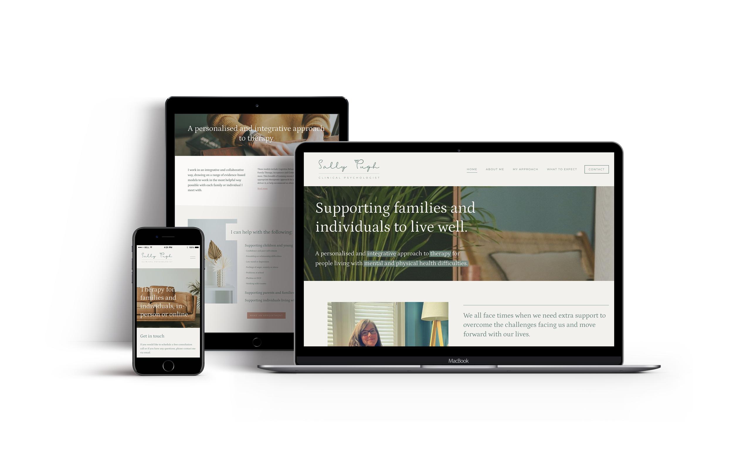 triple screen mockup of a psychologist's website design on iphone, tablet and laptop