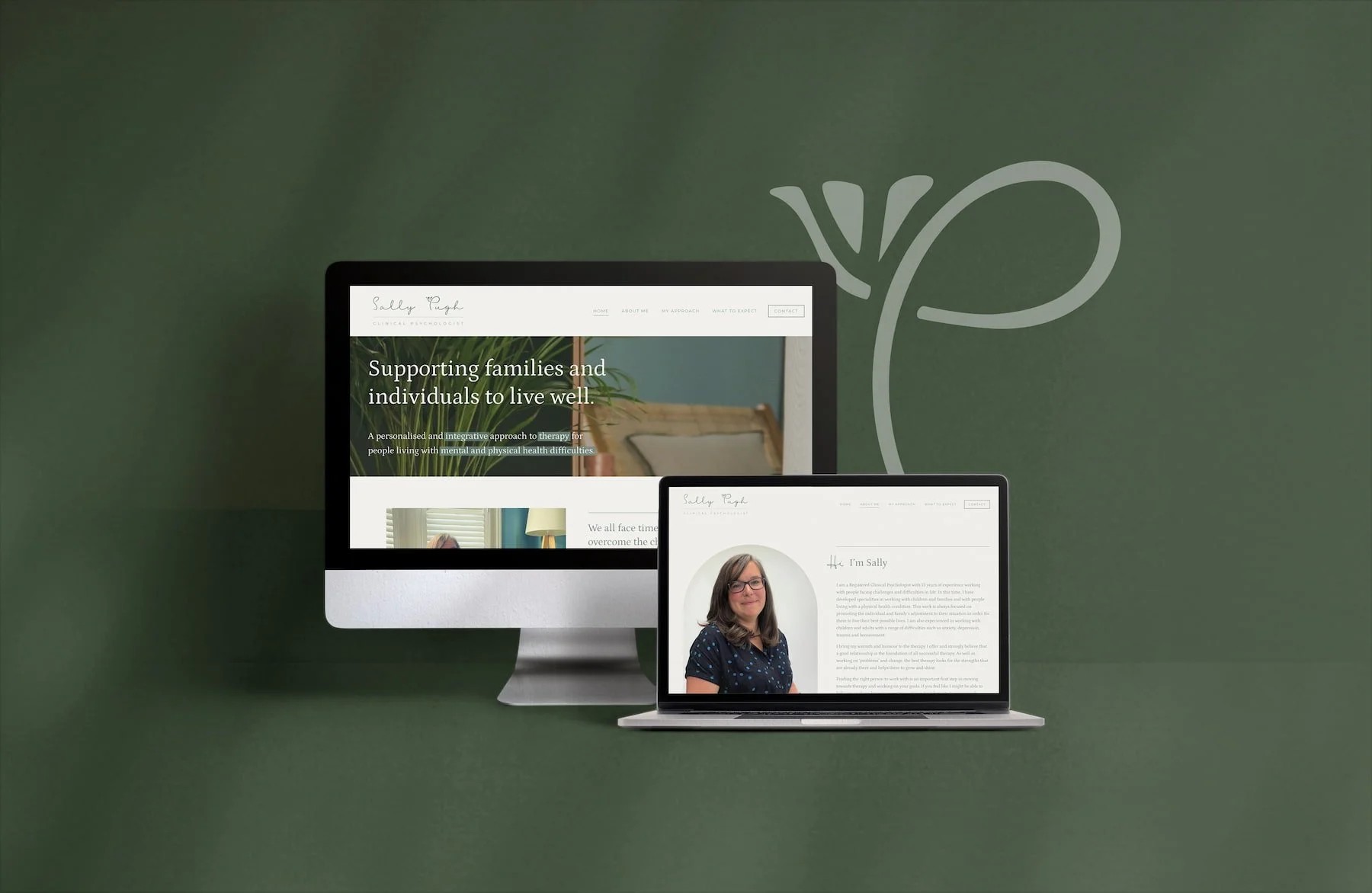Mockup of Sally Pugh's website on a laptop and monitor