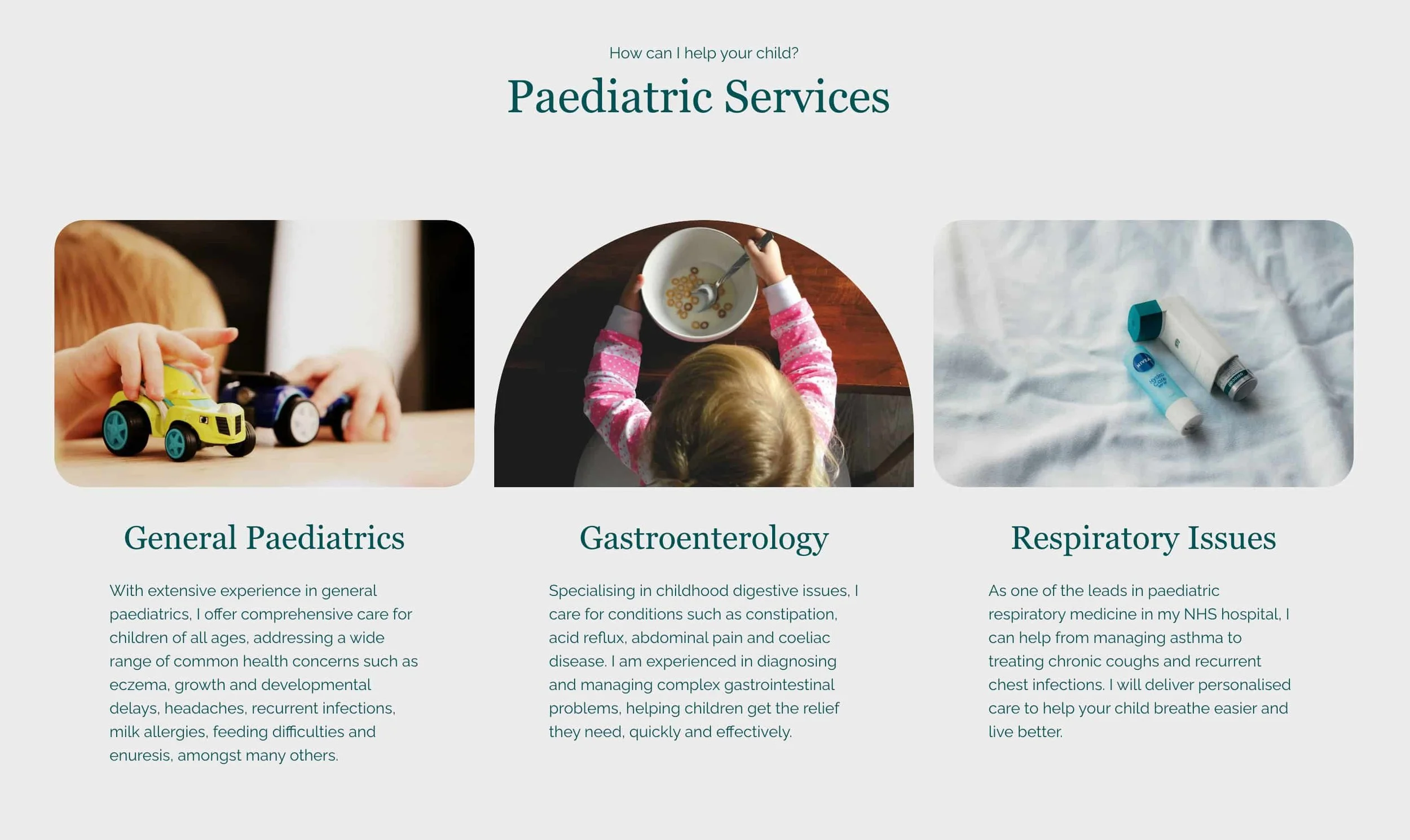 Screenshot of homepage services section, focused on general paediatrics, gastroenterology and respiratory issues