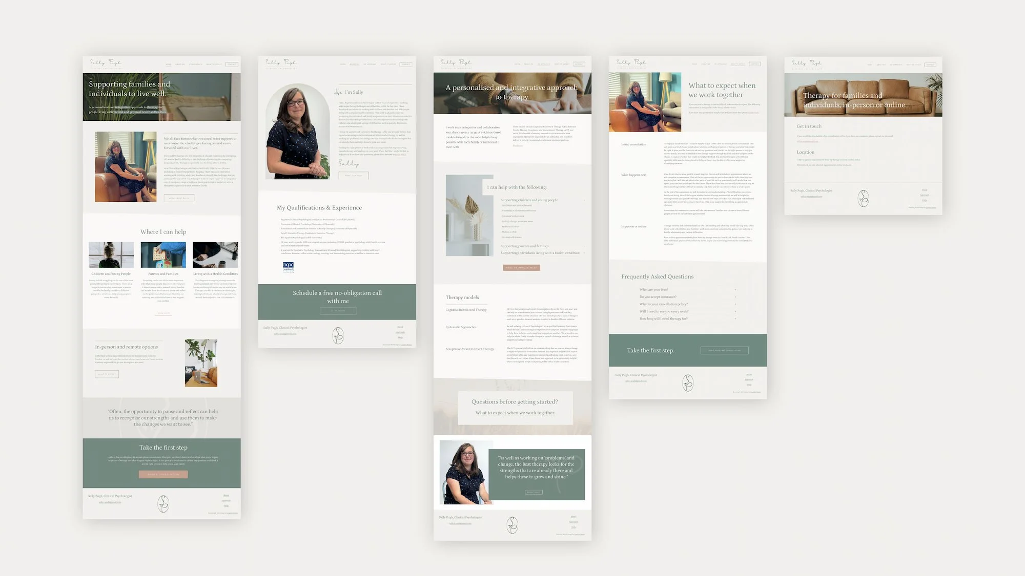 Sally Pugh's webpages, including Home, About, My Approach, What to Expect, and Contact page.