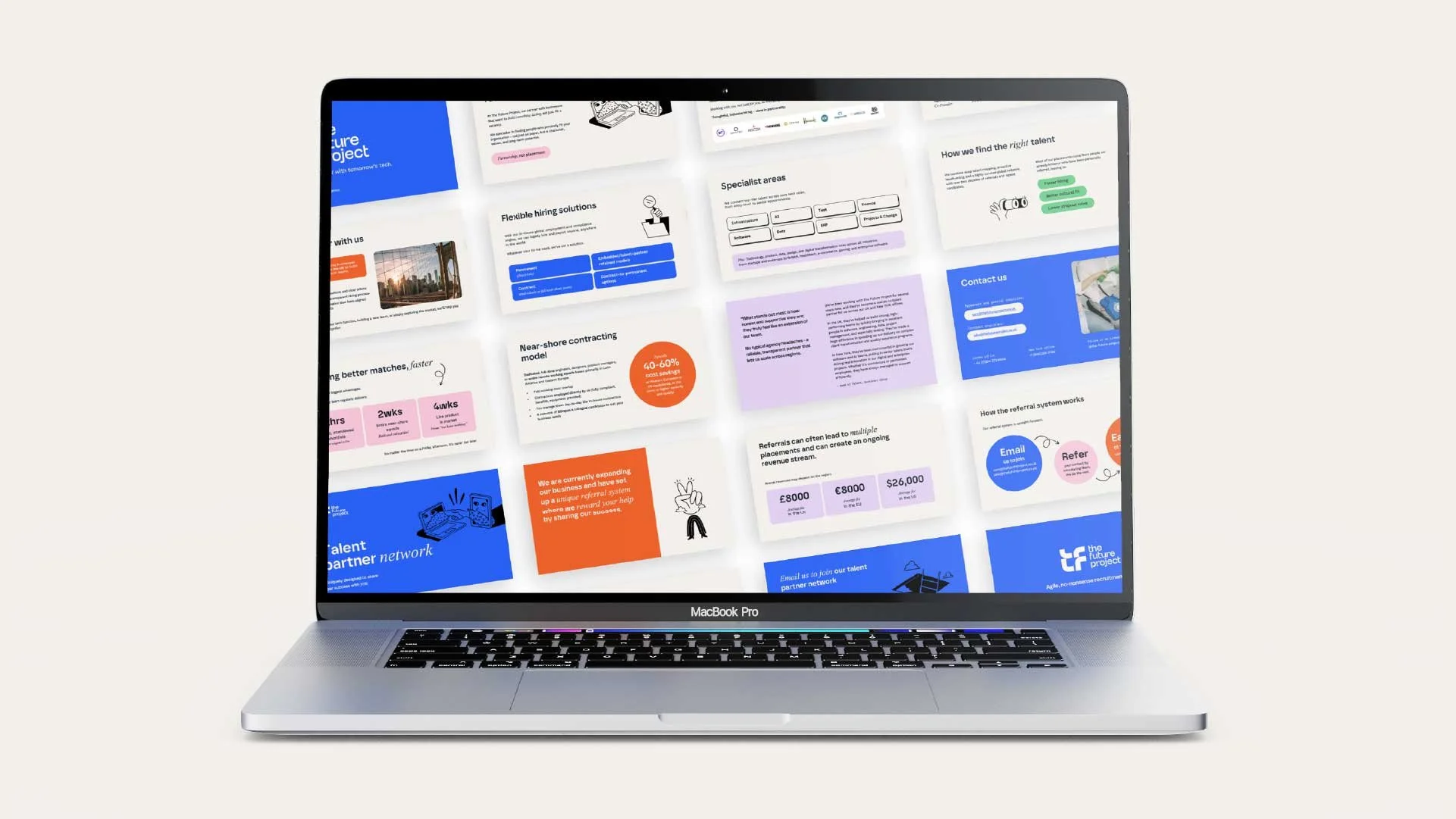 laptop mockup showing an overview of slides from a deck presentation designed by Leapdog Design