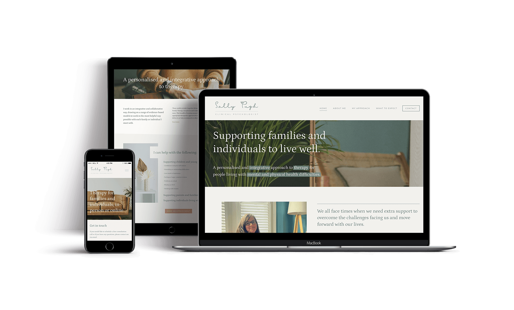 mockup of a laptop, mobile and tablet showing Squarespace website design for clinical psychologist Sally Pugh across different devices
