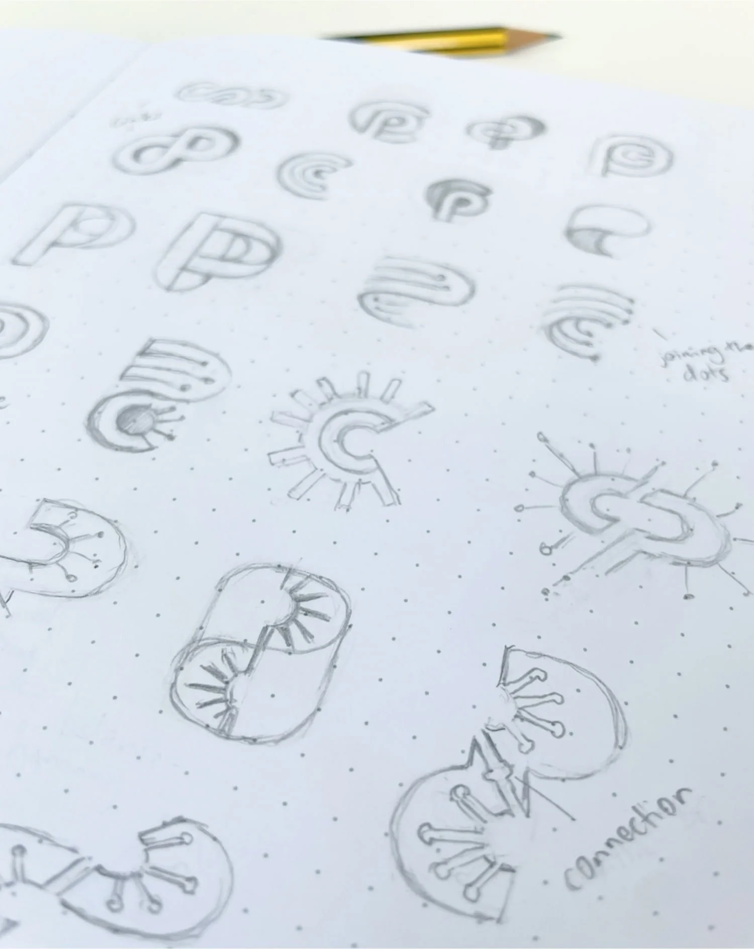 Logo design sketches for climate programme partners on white paper with pencil in shot