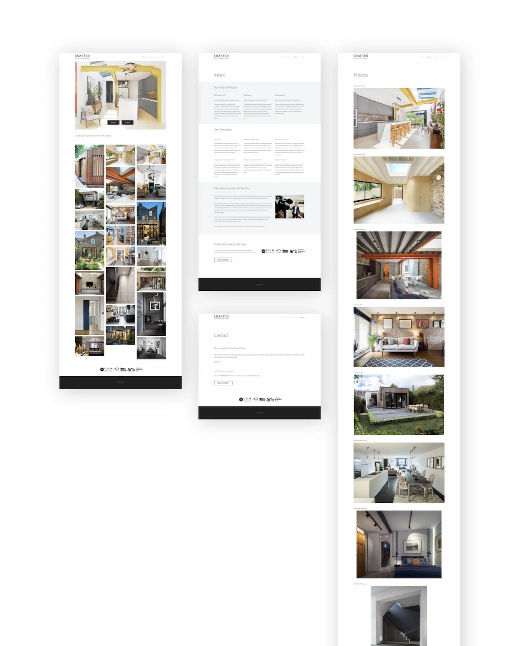 BEFORE screengrabs of Crafted Architecture's homepage, about page and projects page.